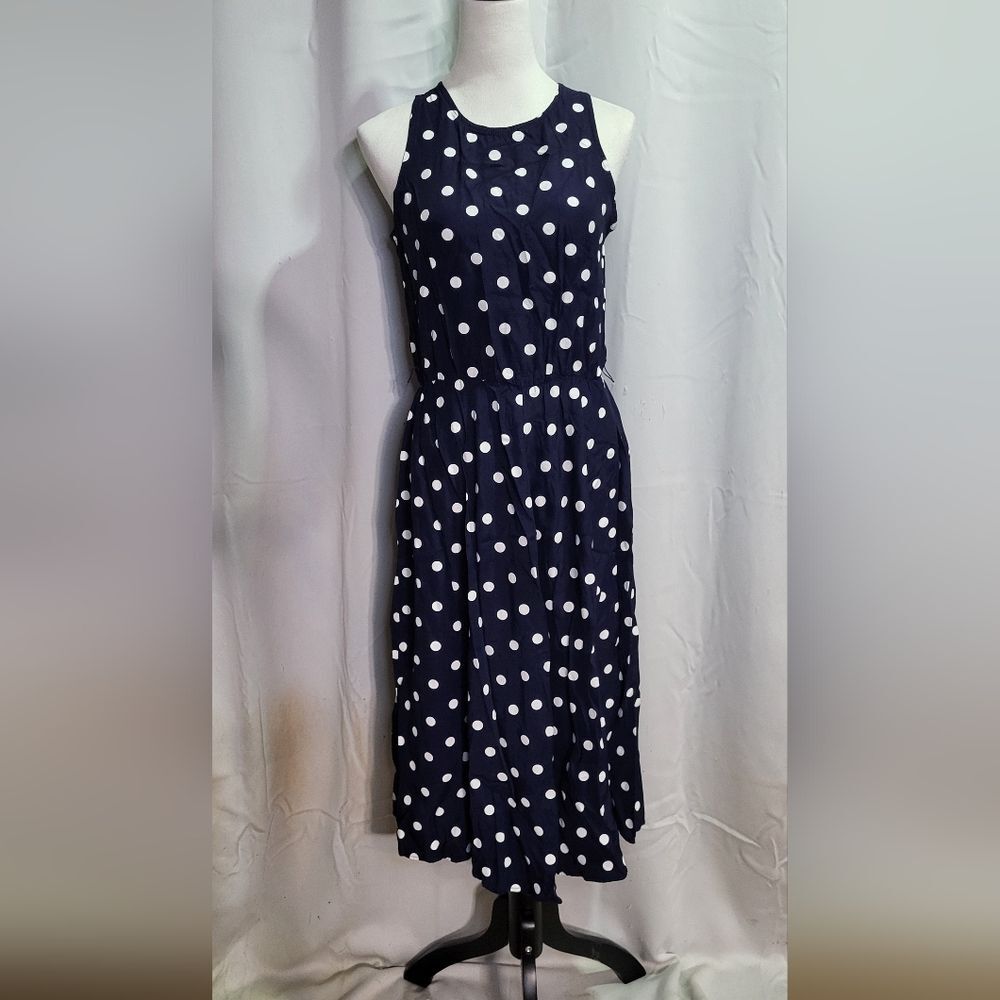 Betsy's Things Women's Vintage 60's-70's Navy Blue Polka Dot Midi Dress Size 7/8